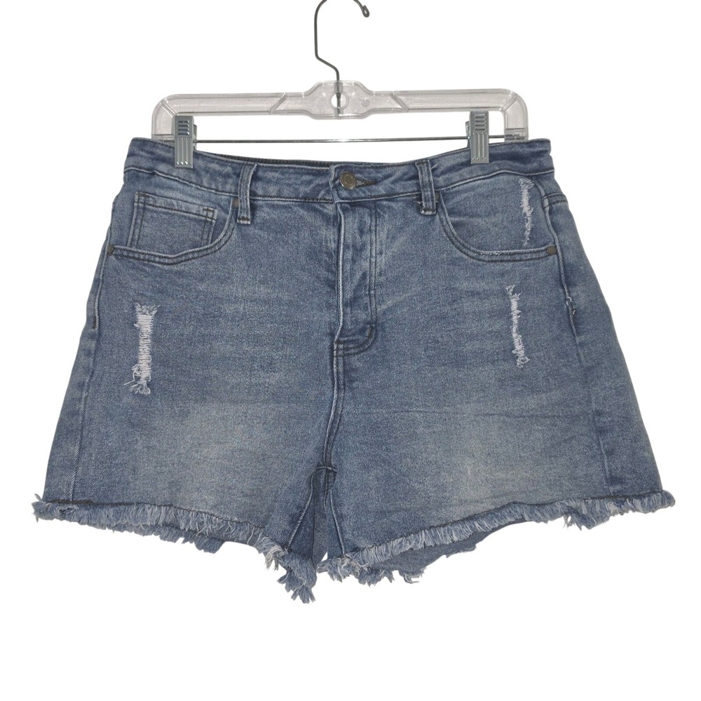 Grace & Lace Patched Distressed Denim Shorts In Medium Wash Size 8 Blue